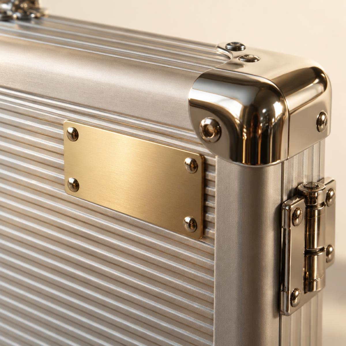 Macro detail of aluminium ribbing, chrome corner and gold nameplate