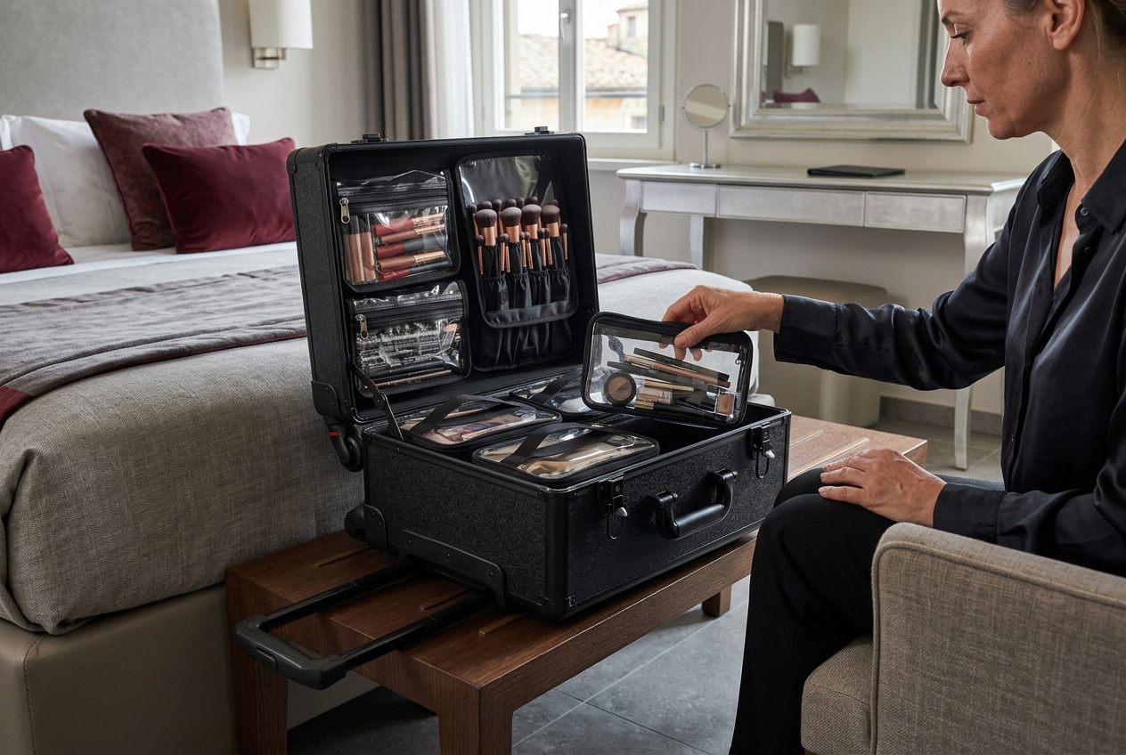 Artist preparing the organised travel kit in a hotel suite